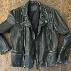 All Saints black Leather Quilted Bomber Jacket